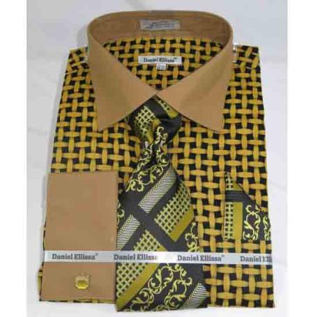 French Cuff Large Basket Weave Pattern Black Mustard Men's Dress Shirt