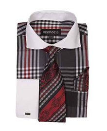 Black Long Sleeve White Collar Two Toned Contrast Plaid Window Pane Pattern Tie Set French Cuffed Men'S Dress Shirt
