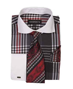 Black Long Sleeve White Collar Two Toned Contrast Plaid Window Pane Pattern Tie Set French Cuffed Men'S Dress Shirt