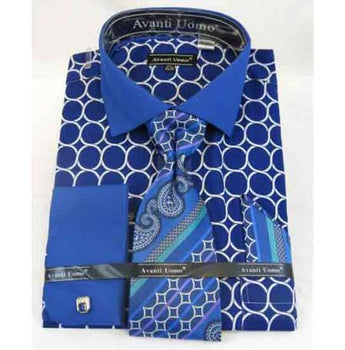 French Cuff With Collar Interlocking Ring Blue Cotton Men's Dress Shir MensUSA French Cuff With Collar Interlocking Ring Blue Cotton Men's Dress Shir MensUSA