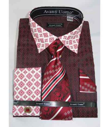 Red Burgundy ~ Wine ~ Maroon Color French Cuff With Contrasting Collar MensUSA Red Burgundy ~ Wine ~ Maroon Color French Cuff With Contrasting Collar MensUSA