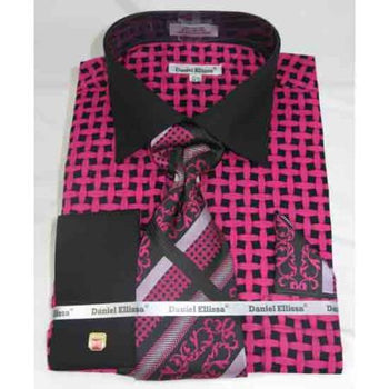 French Cuff Black Fuschia Large Basket Weave Pattern Men's Dress Shirt