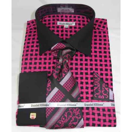 French Cuff Black Fuschia Large Basket Weave Pattern Men's Dress Shirt