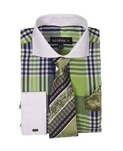 Plaid Window Pane Pattern Long Sleeve White Collar Two Toned Contrast Tie Set French Cuffed Lime Men'S Dress Shirt