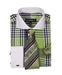 Plaid Window Pane Pattern Long Sleeve White Collar Two Toned Contrast Tie Set French Cuffed Lime Men'S Dress Shirt