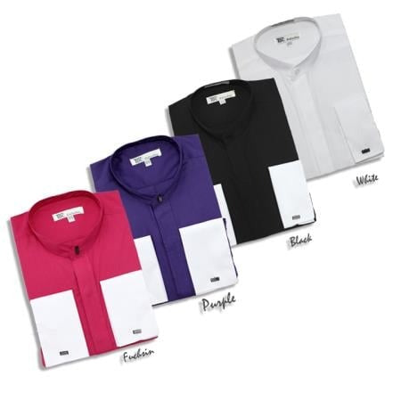 Men's Fashion Hidden Buttons French Cuff Mandarin Collarless Preacher Round Style Men's Dress Shirt