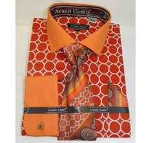 Men's Interlocking Ring Pattern French Cuff Orange Cotton Dress Shirt