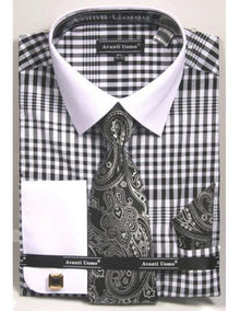 White Collared French Cuffed Black Shirt With Tie/Hanky/Cufflink Set Men'S Dress Shirt