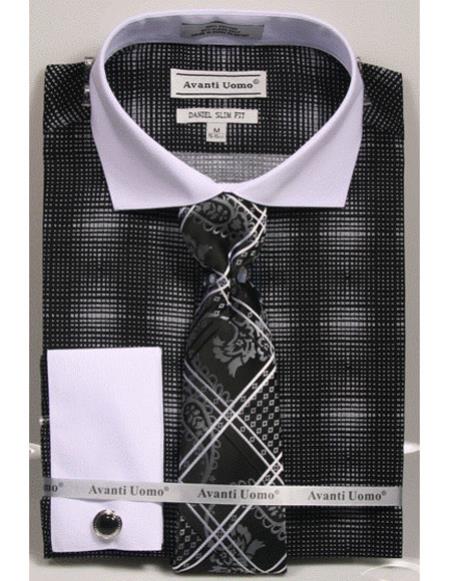 Black Woven Design White Collared French Cuffed Slim Fit Men'S Dress Shirt
