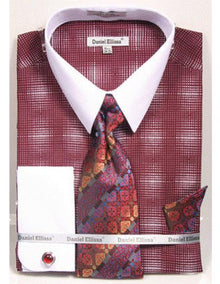 White Collared French Cuffed Burgundy ~ Wine ~ Maroon Color Woven Design Shirt With Tie/Hanky/Cufflink Set Men'S Dress Shirt