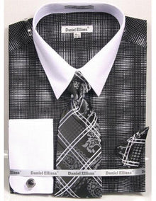 White Collared French Cuffed Black Woven Design Shirt With Tie/Hanky/Cufflink Set Men'S Dress Shirt