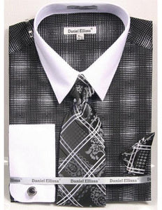 White Collared French Cuffed Black Woven Design Shirt With Tie/Hanky/Cufflink Set Men'S Dress Shirt