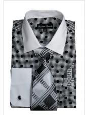 Black Polka Dot Pattern White Collared French Cuff Style Men'S Dress Shirt
