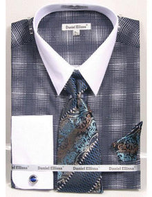 white Collared French Cuffed navy woven design Shirt with Tie/Hanky/Cufflink Men's Dress Shirt