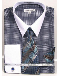 white Collared French Cuffed navy woven design Shirt with Tie/Hanky/Cufflink Men's Dress Shirt