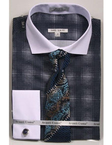 woven design white Collared French Cuffed navy Slim Fit Men's Dress Shirt