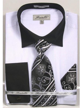 Black Collared French Cuffed White Dress Shirt With Tie/Hanky/Cufflink Set Men'S Dress Shirt