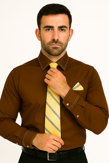 French Cuff Matching Tie Handkerchief Set Multi-Color Men's Dress Shirt - Image 7
