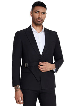 Mens French Front Peak Lapel Strapped Slim Fit Suit in Black - Image 2