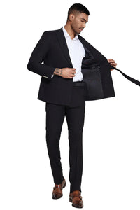 Mens French Front Peak Lapel Strapped Slim Fit Suit in Black