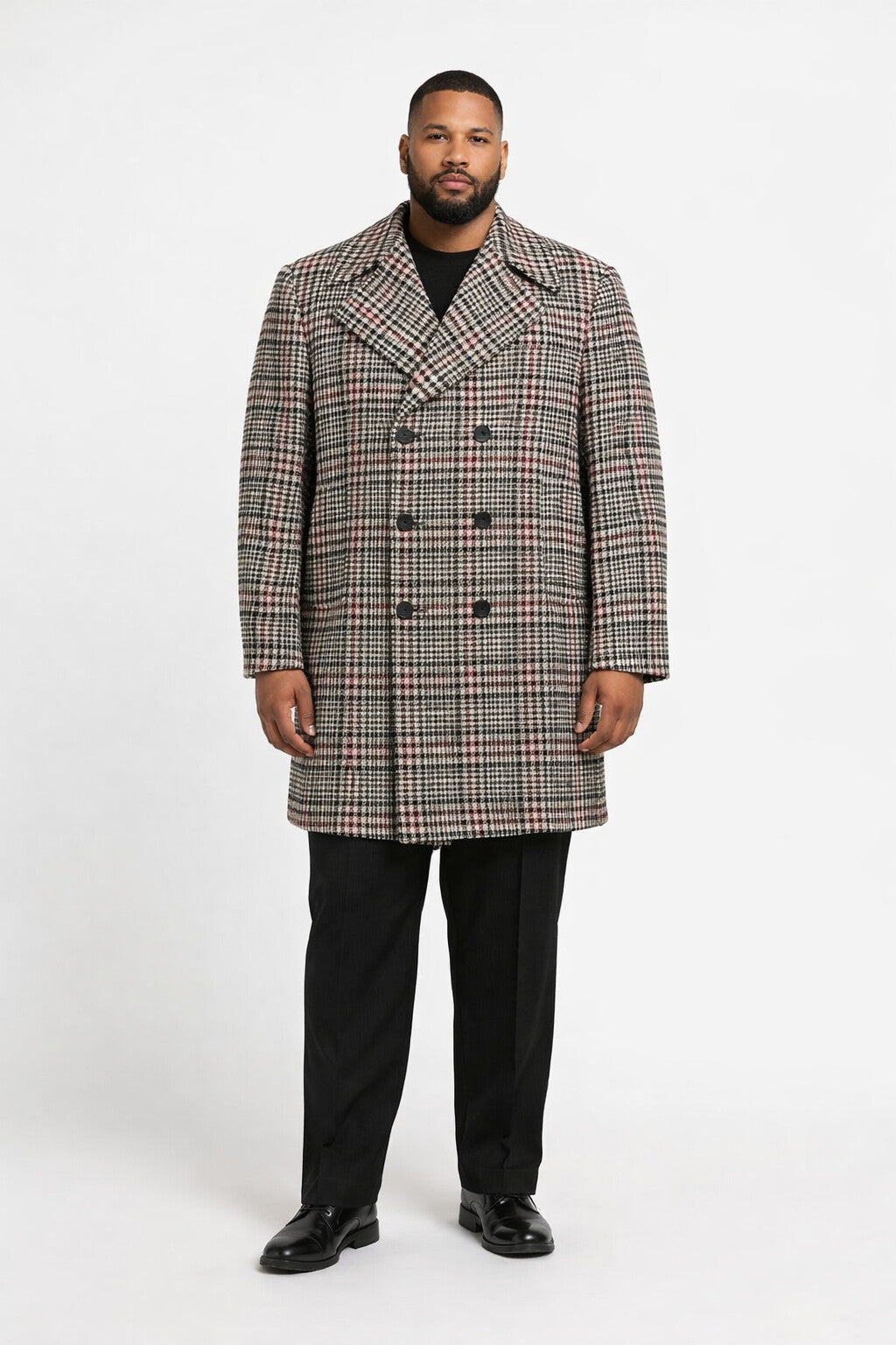 Men's Houndstooth Six Button Front Double Breasted Wool Overcoat - Image 6