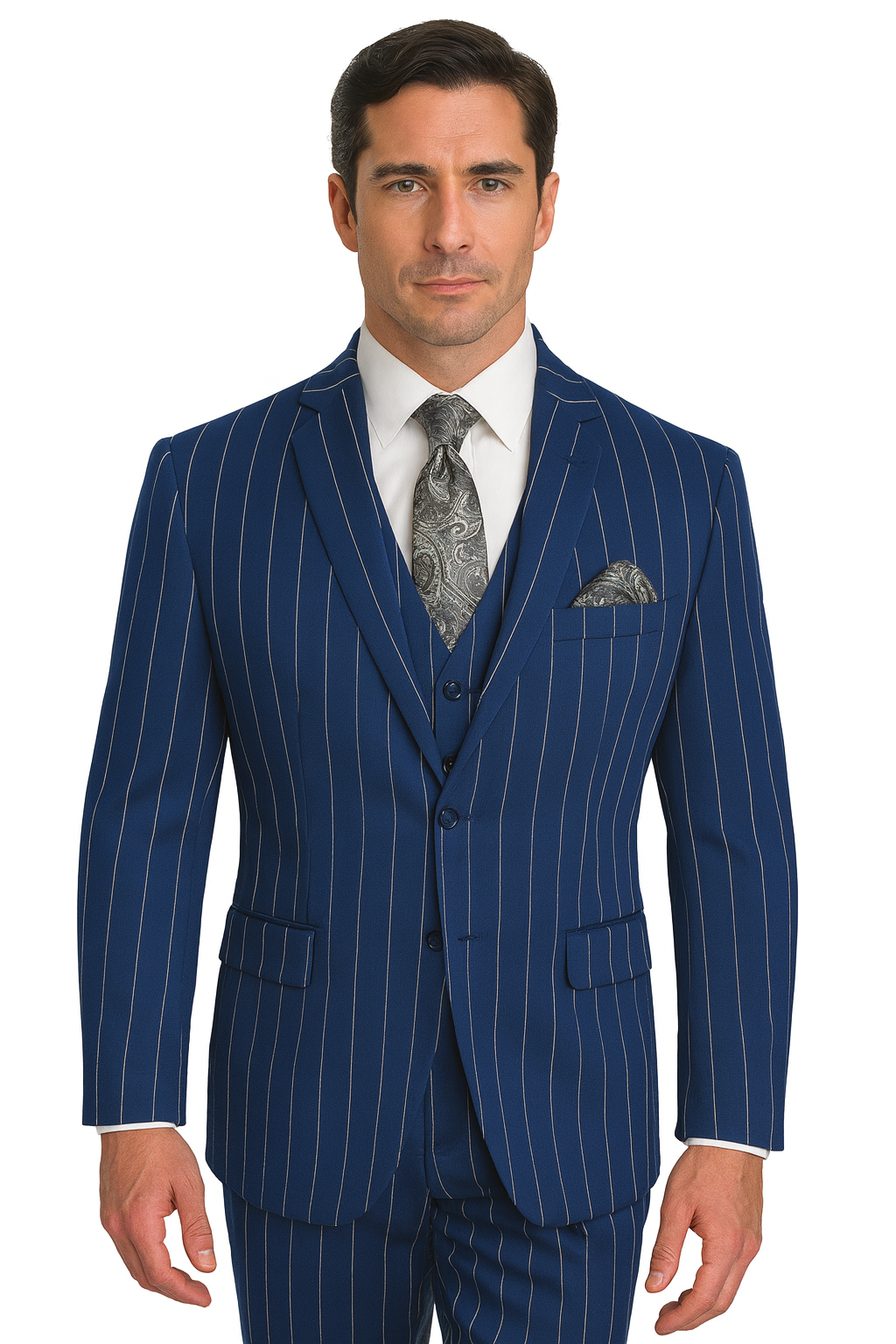 Men's Bold Gangster 1920s Vintage Navy Blue ~ White Gangster Bold Stripe 2 Buttons Vested Dress Suit for Men
