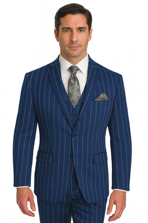 Men's Bold Gangster 1920s Vintage Navy Blue ~ White Gangster Bold Stripe 2 Buttons Vested Dress Suit for Men