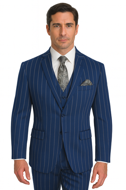 Men's Bold Gangster 1920s Vintage Navy Blue ~ White Gangster Bold Stripe 2 Buttons Vested Dress Suit for Men