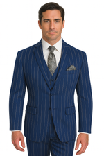 Men's Bold Gangster 1920s Vintage Navy Blue ~ White Gangster Bold Stripe 2 Buttons Vested Dress Suit for Men