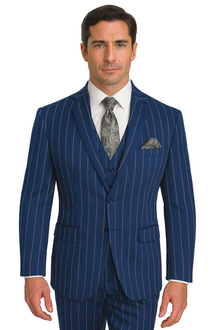 Men's Bold Gangster 1920s Vintage Navy Blue ~ White Gangster Bold Stripe 2 Buttons Vested Dress Suit for Men