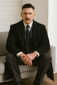 Arthur Shelby Vested Gray Plaid Peaky Blinders Suit - Peaky Blinders Outfit + Black  Double Breasted Overcoat (Peaky Blinder Custome)