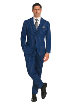 Men's Bold Gangster 1920s Vintage Navy Blue ~ White Gangster Bold Stripe 2 Buttons Vested Dress Suit for Men - Image 2