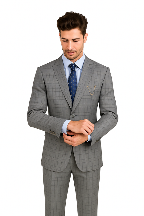 Catania Collection - Modern Fit Windowpane Suit 2 Piece in Medium Gray