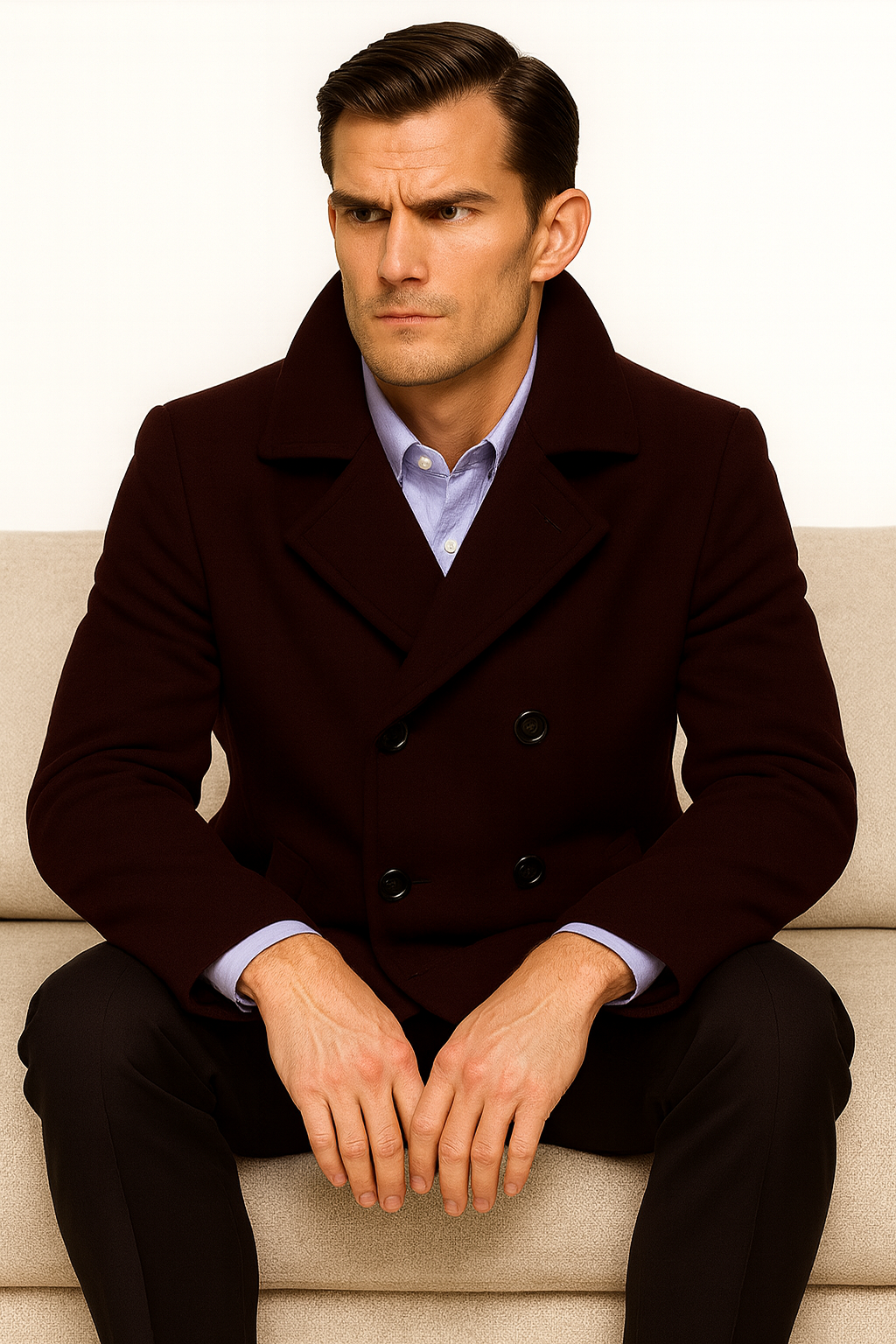 Men's Dark Brown  Wool Fabric Big and Tall Men's Peacoat - Image 5
