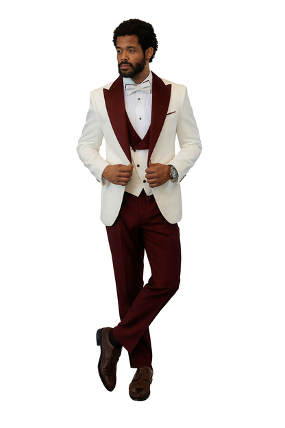 Hilton White and Burgundy Paisley Peak Lapel Tuxedo Jacket with Matching Shawl Vest and Wool Pants – Includes Bow Tie - Image 5