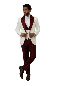 Hilton White and Burgundy Paisley Peak Lapel Tuxedo Jacket with Matching Shawl Vest and Wool Pants – Includes Bow Tie