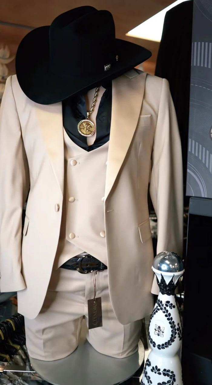 Mens Light Beige Western 3-Piece Suit – Cowboy Tuxedo with Shawl Lapel
