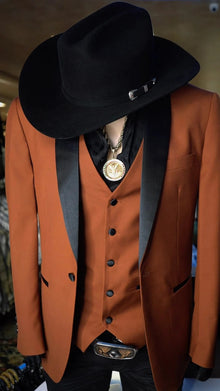 Mens Rust Copper Western 3-Piece Suit – Cowboy Tuxedo with Black Shawl Lapel