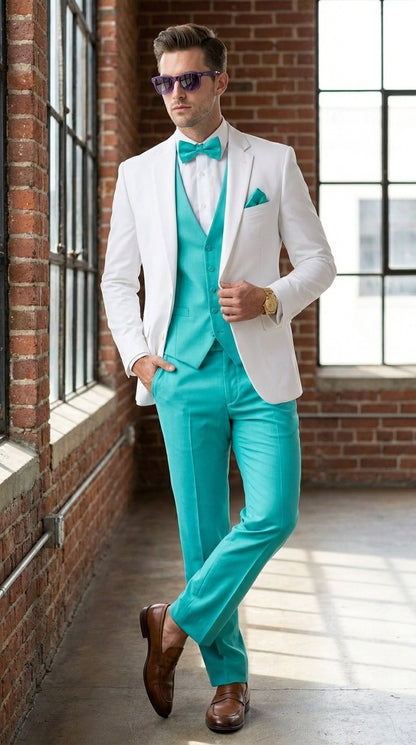 White and Turquoise Tuxedo Wedding Suit - White Dinner Jacket + Vest + Pants + Bow-tie