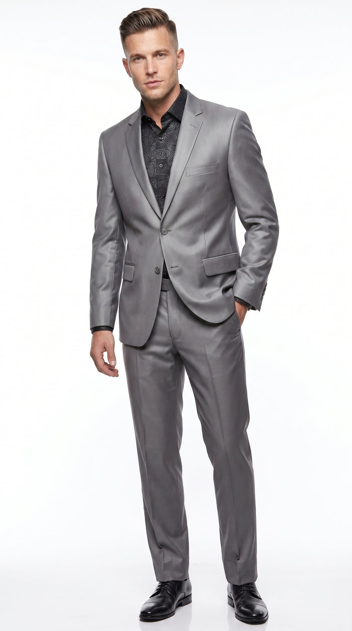 Men’s Silver Gray Shiny Sharkskin 2 Button Suit, Formal Wedding Business Dress Suit