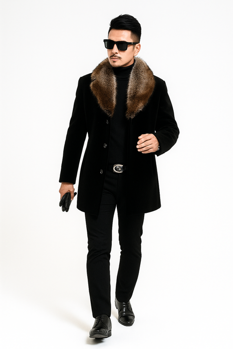 Fur Collars Men's Overcoat - Men's Peacoat and Cashmere Black