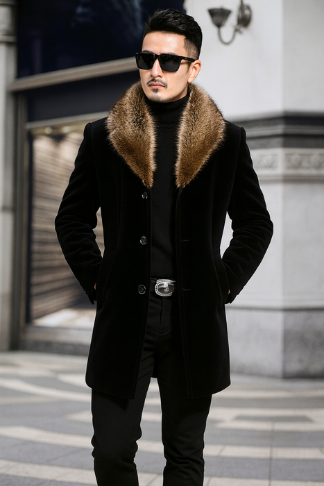 Fur Collars Men's Overcoat - Men's Peacoat and Cashmere Black