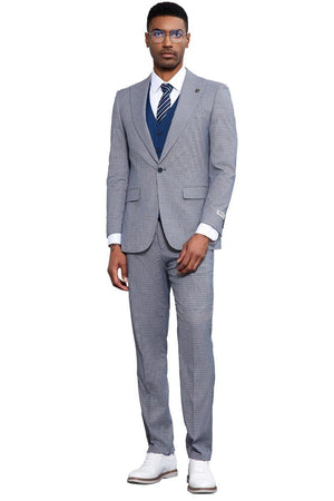 Men's Stacy Adams One Button Peak Lapel Vested Micro Check in Light Blue with a French Blue Vest - Image 2