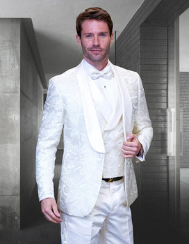 Statement Men's Off White Pattern Vested Tuxedo with Bowtie
