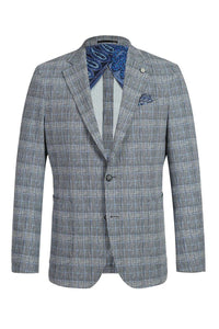Saco vaquero - Western Sport Coat - Western Blazer - Mens Two Button Slim Fit Unconstructed Summer Blazer In Grey & Blue Windowpane Plaid