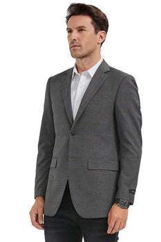 Saco vaquero - Western Sport Coat - Western Blazer - Men's Slim Fit 2 Button Sport Coat Blazer In Grey & Tan Windowpane Plaid