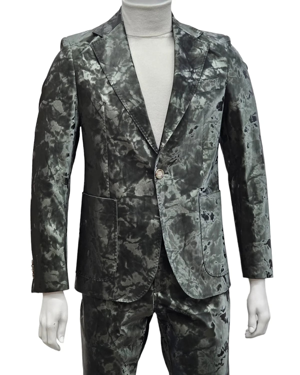 Mens 1 Button Slim Fit Faux Leather with Patch Pockets Green Suit - Image 4