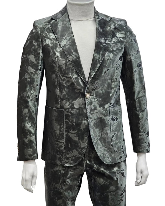 Mens 1 Button Slim Fit Faux Leather with Patch Pockets Green Suit