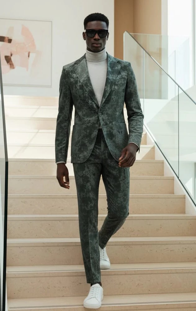 Mens 1 Button Slim Fit Faux Leather with Patch Pockets Green Suit - Image 5