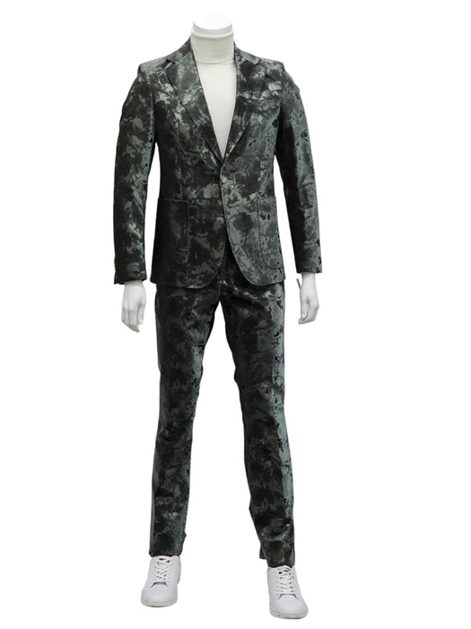 Mens 1 Button Slim Fit Faux Leather with Patch Pockets Green Suit